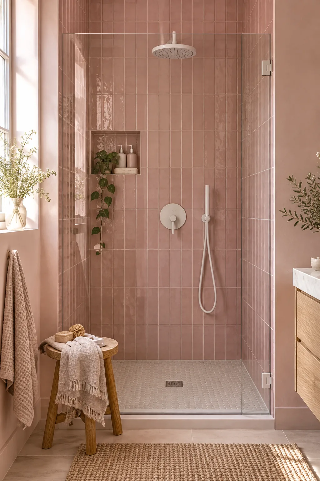 Shower featuring vertically stacked dusty rose pink subway tiles and a glass door.