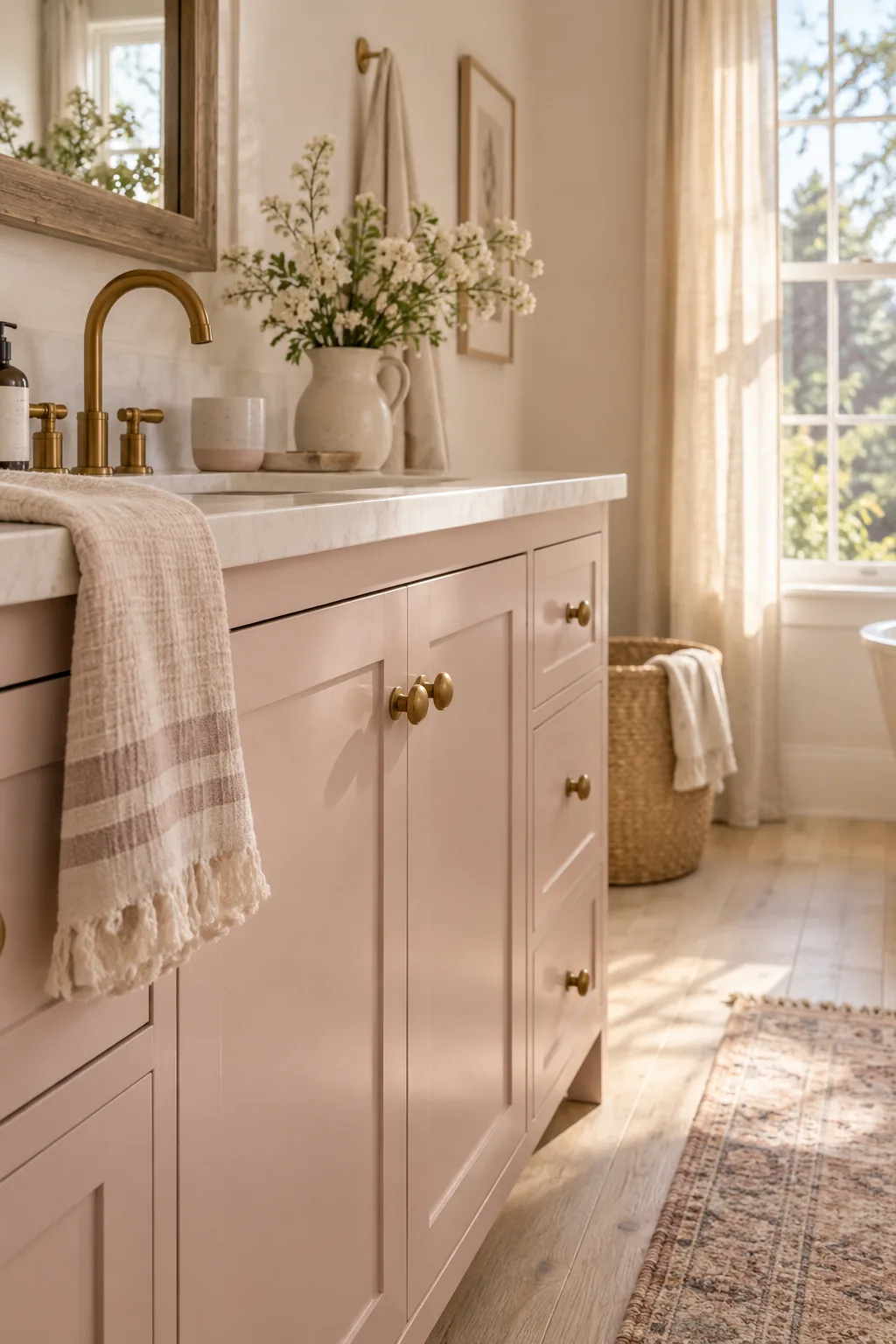 Soft pink bathroom vanity featuring unlacquered brass faucet and drawer pulls.