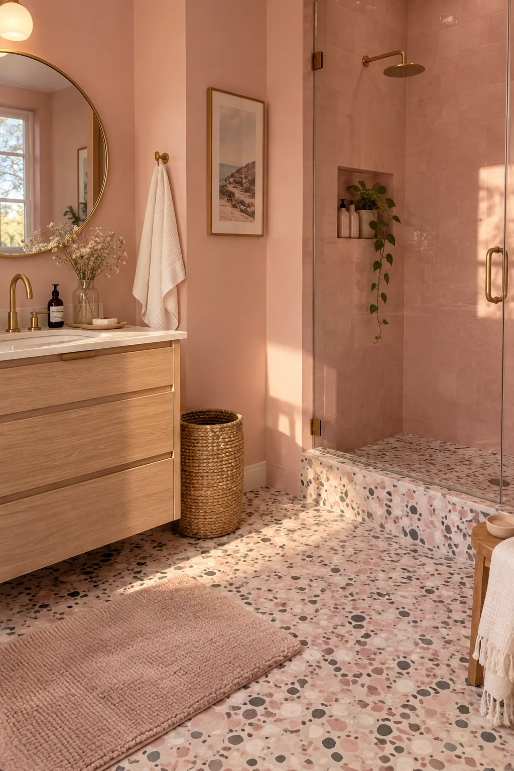 Bathroom floor featuring terrazzo tiles with pink, gray, and white flecks.
