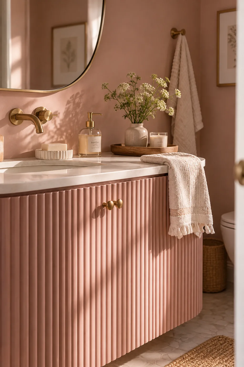 Small powder room featuring a pink vanity with fluted, ribbed wood detailing.