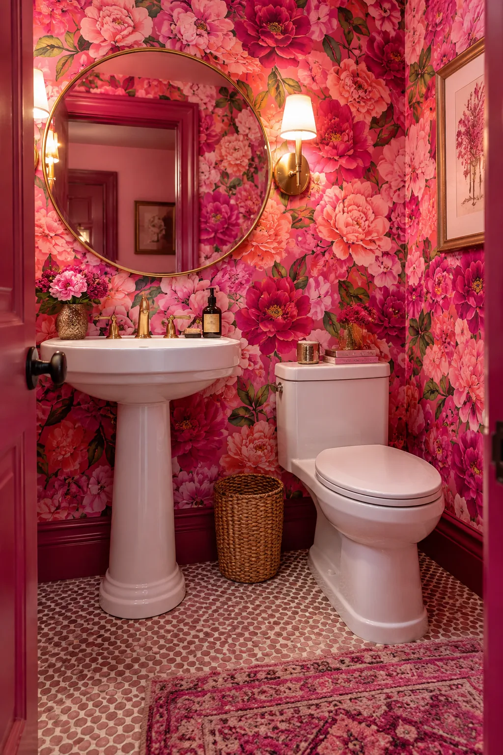 Windowless half bathroom covered in busy pink floral wallpaper with dark pink baseboards.