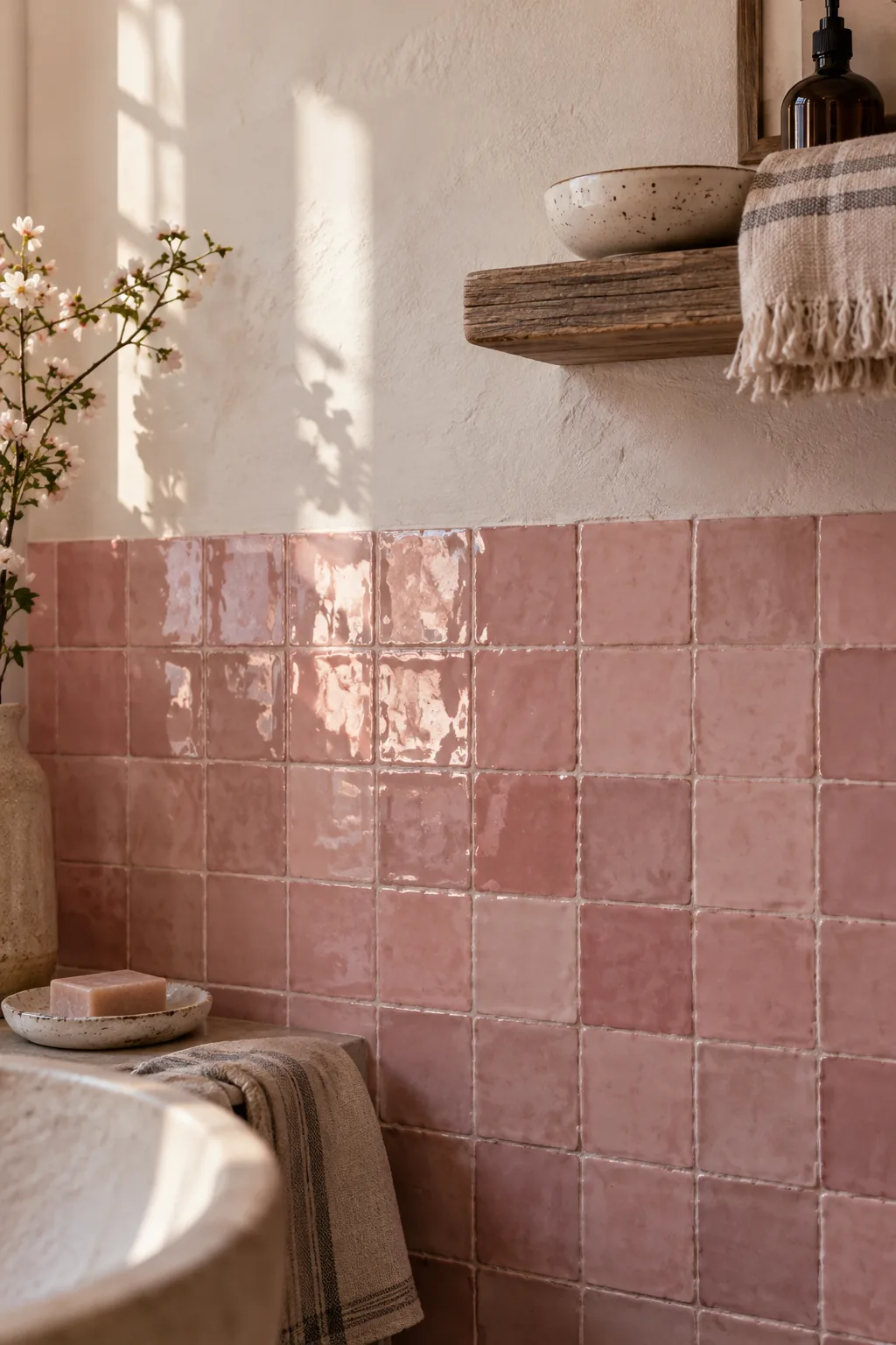 Bathroom wall featuring handmade pink zellige tiles on the bottom half and white paint above.