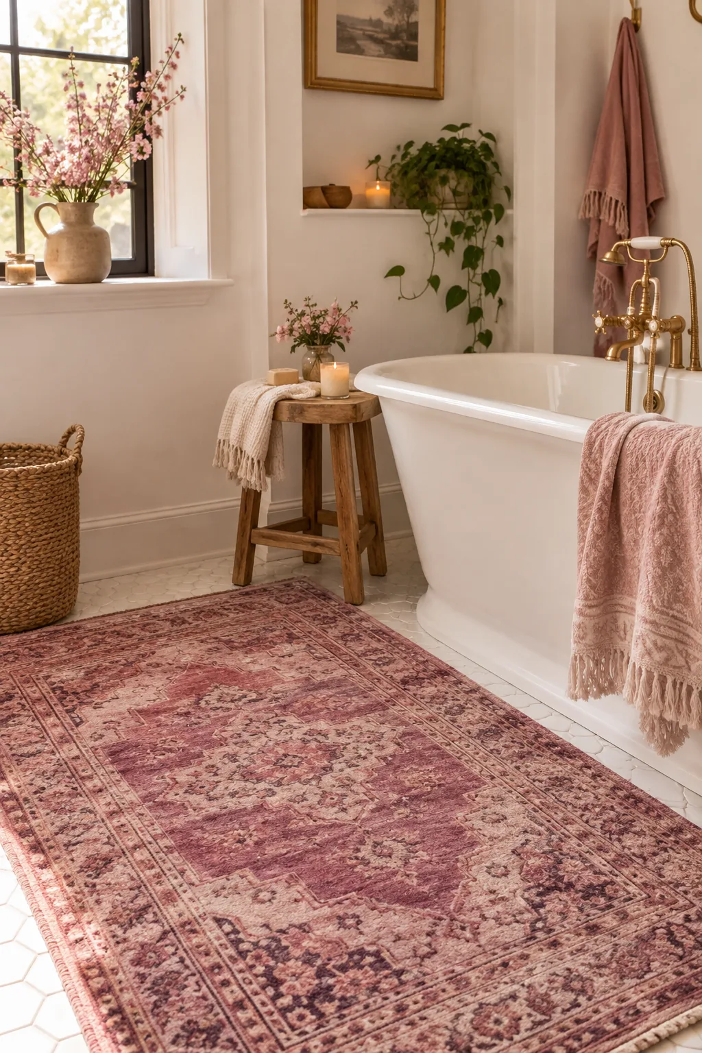 White bathroom floor featuring a vintage Persian rug with faded pink and magenta patterns.