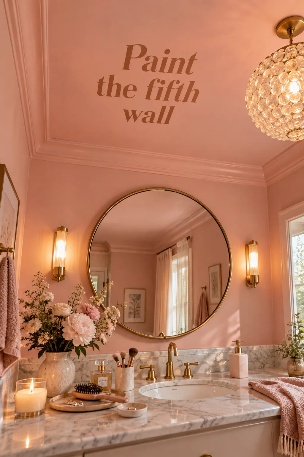 Bathroom featuring a soft peach-pink painted ceiling and white walls.