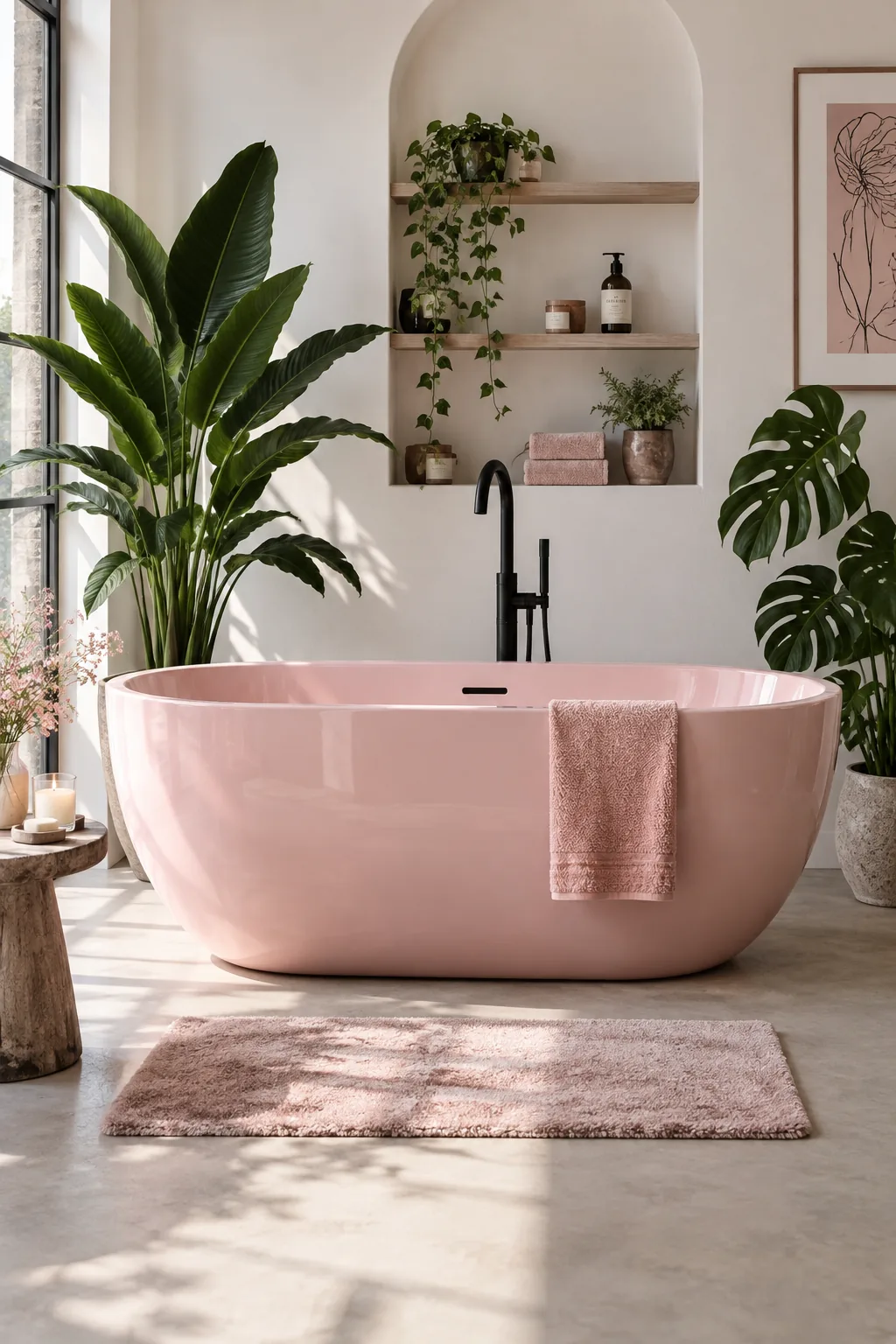 Freestanding pastel pink bathtub paired with a modern matte black floor faucet.