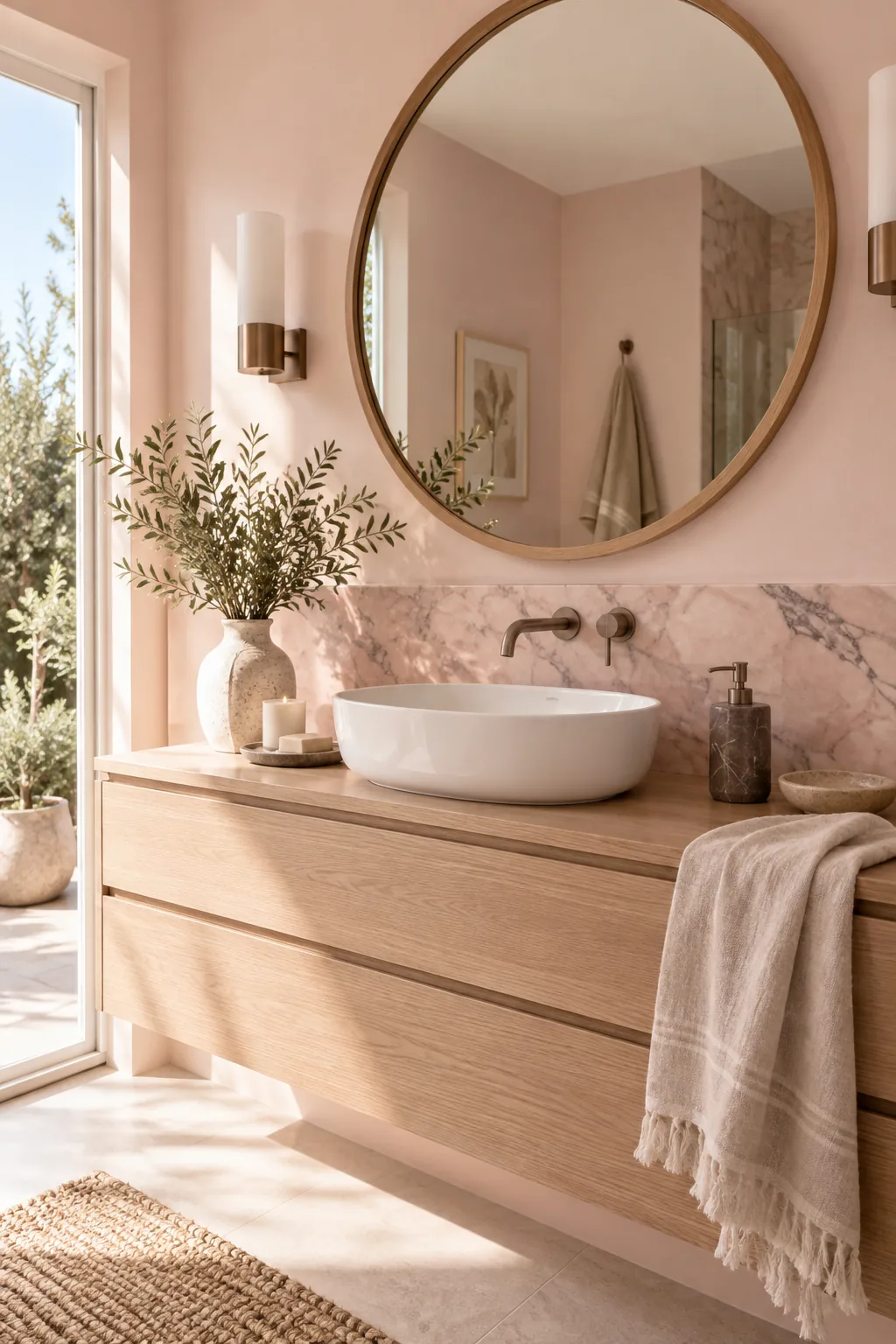 Bathroom sink area featuring a short pink marble backsplash with natural veining.