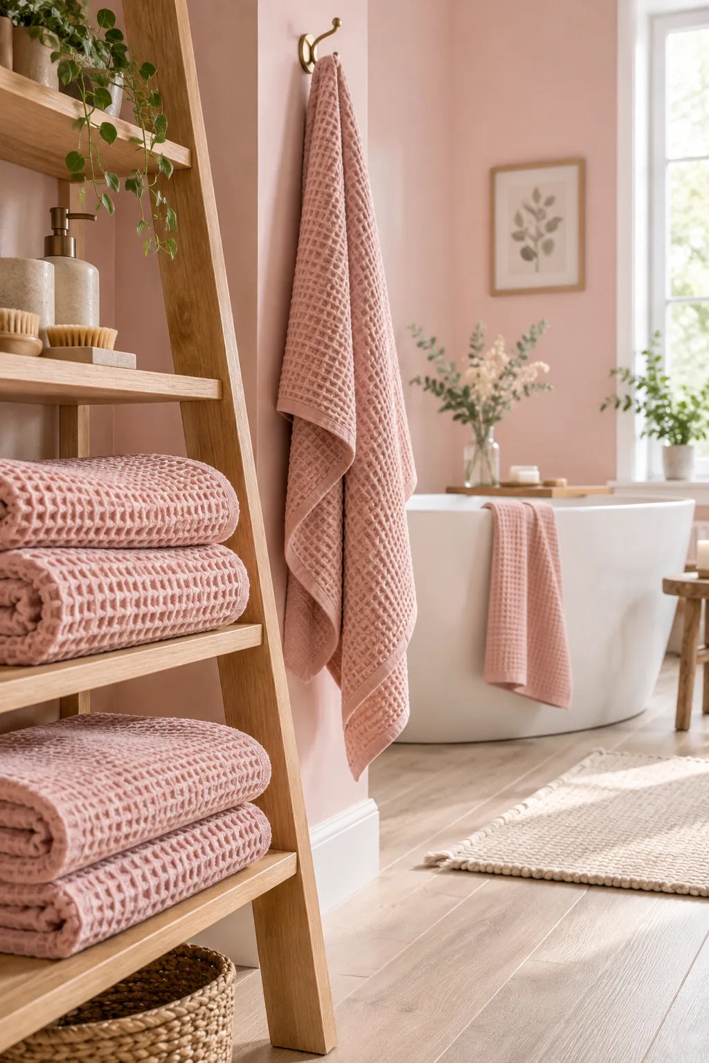 Pink waffle knit towels folded on an open wooden bathroom shelf.