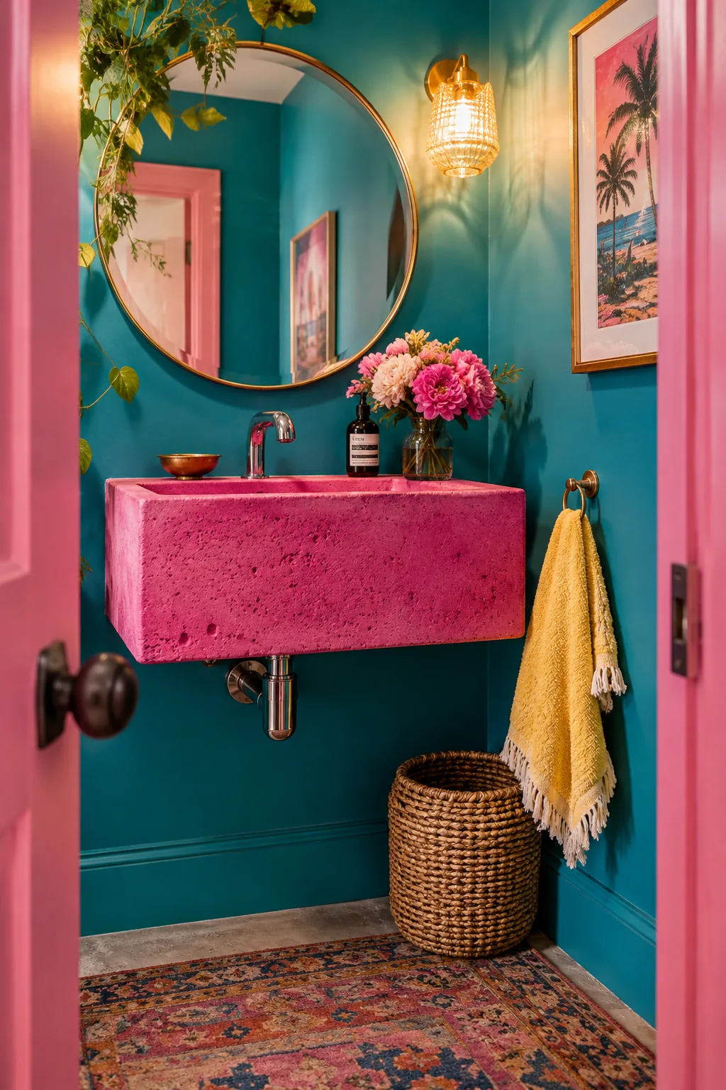 Wall-mounted pink concrete sink basin with polished nickel wall faucets.