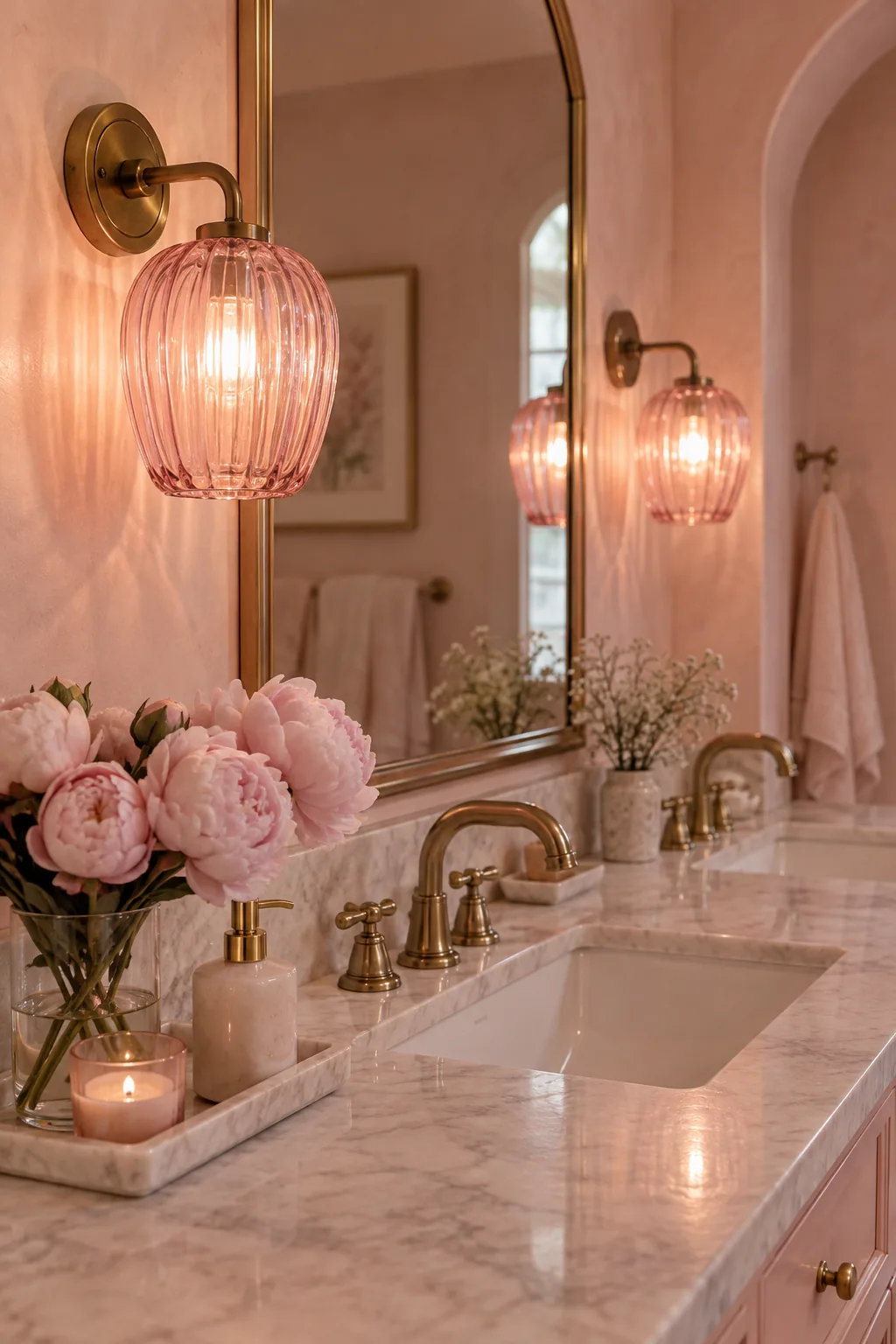 Double vanity mirror flanked by ribbed pink glass wall sconces.
