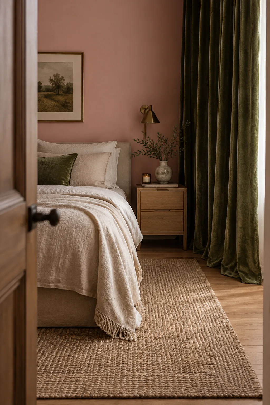 Pink bedroom featuring dark olive green velvet curtains and a blush wall