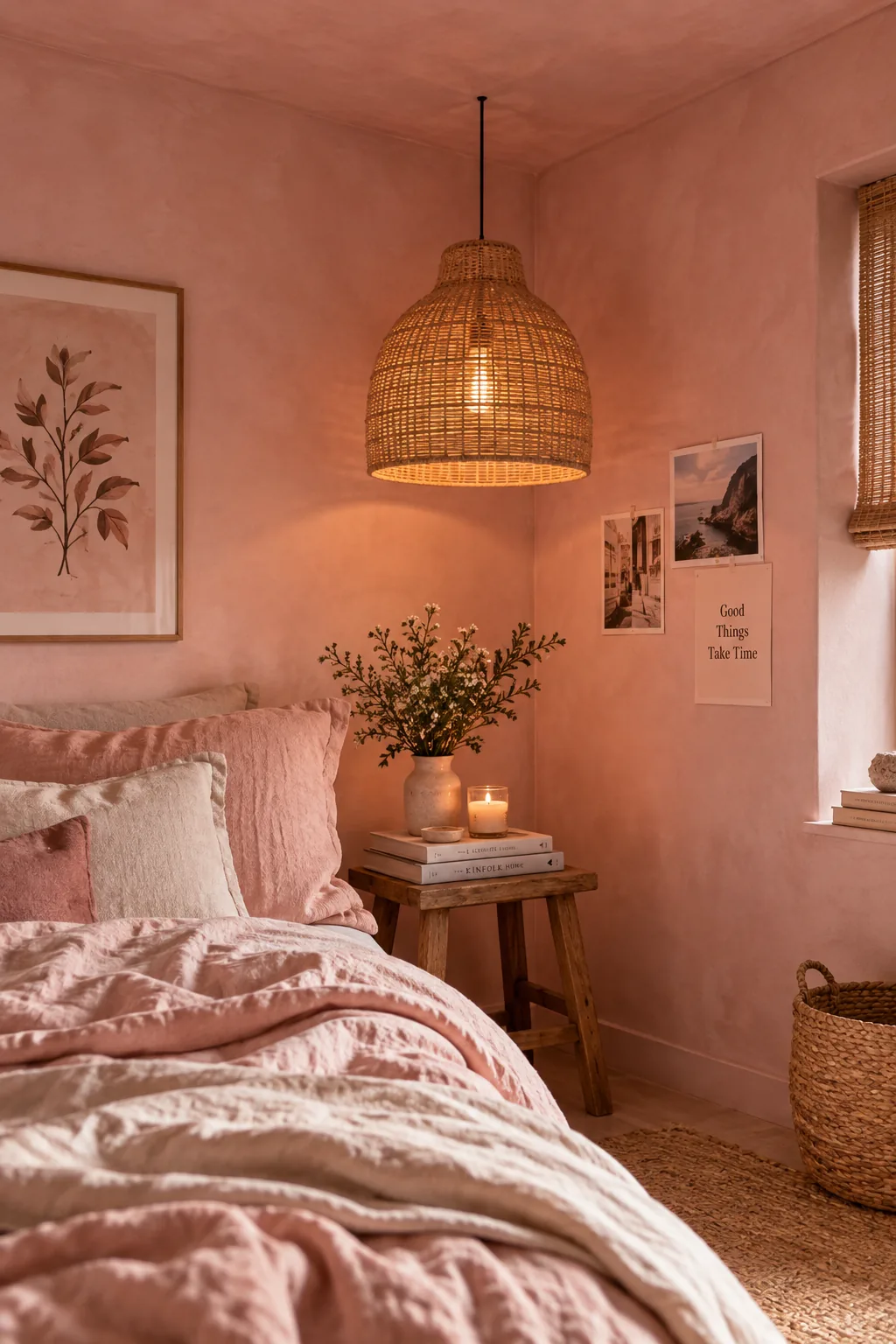 Bedroom painted entirely in pale plaster pink including the ceiling