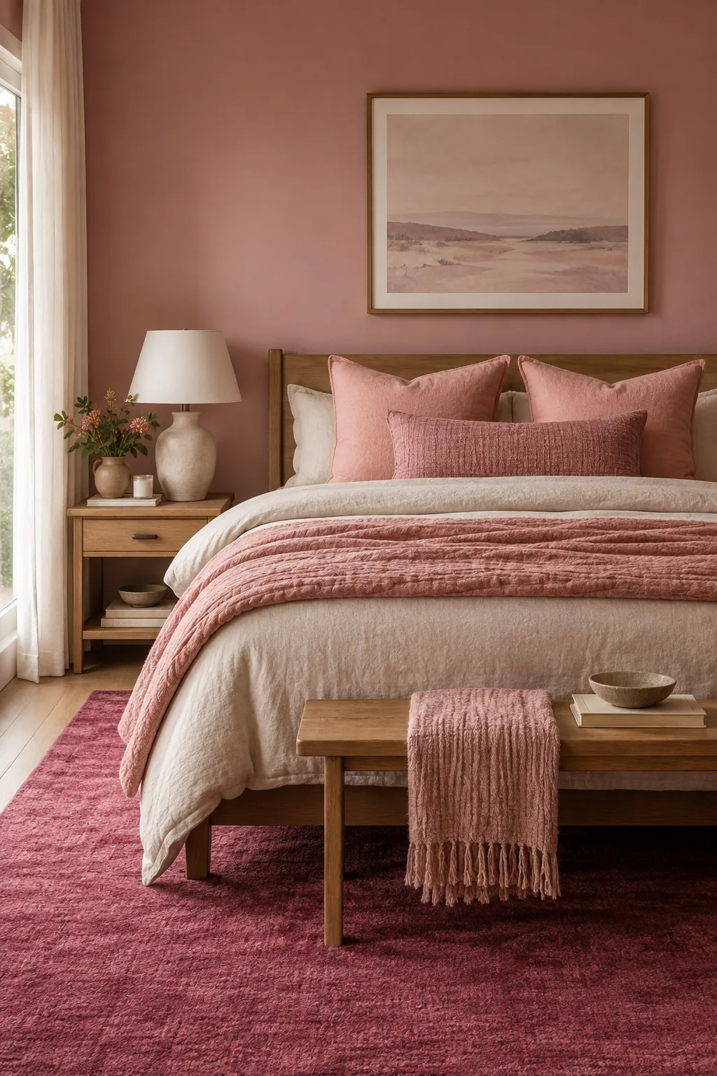 Bedroom styled with dusty rose walls, salmon pillows, and a magenta rug