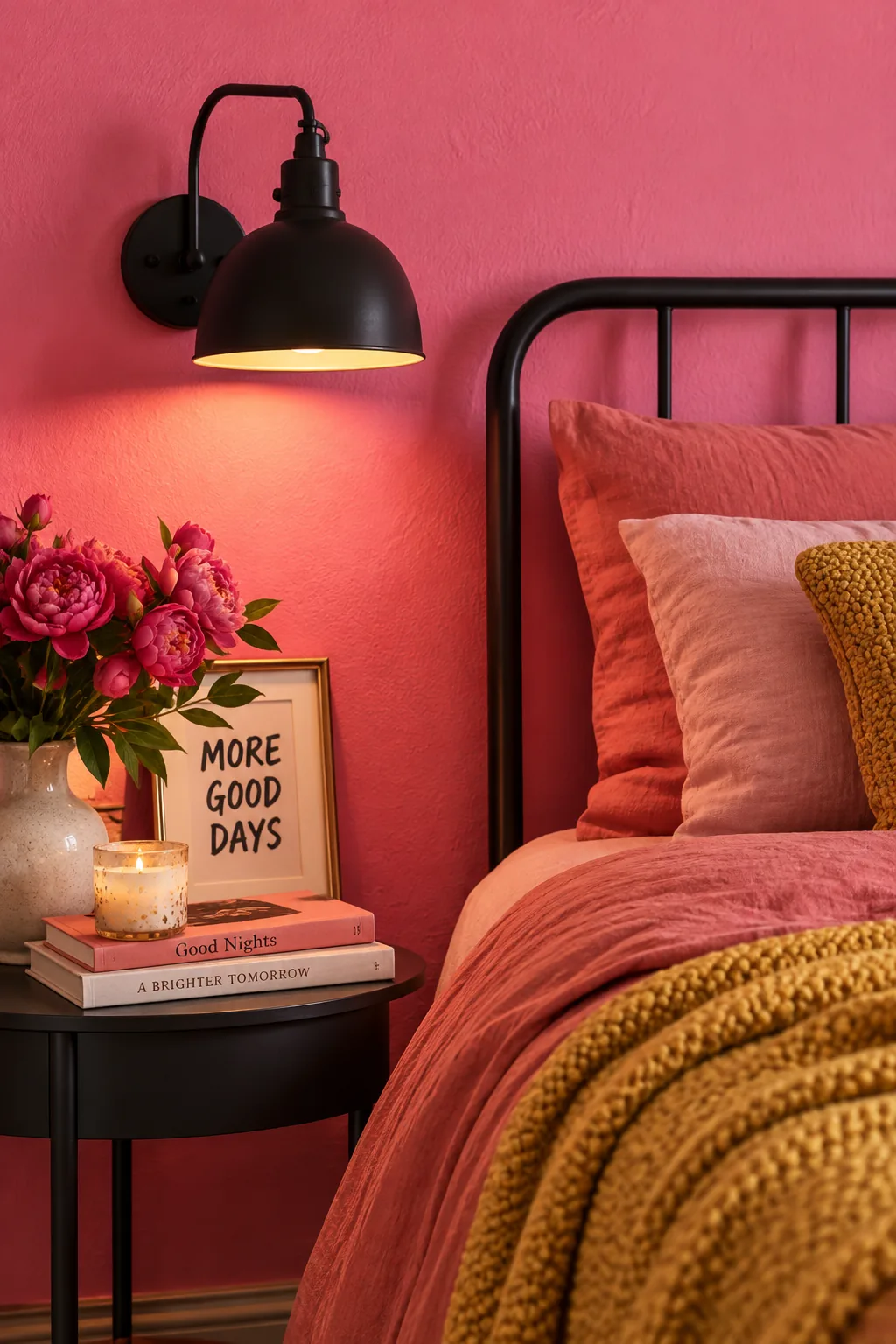 Soft pink bedroom with a black metal bed frame and matte black wall sconces
