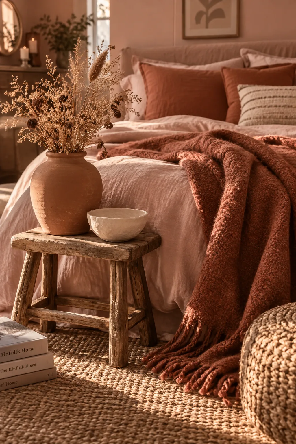 Bed styled with a blush linen duvet and a heavy terracotta throw blanket