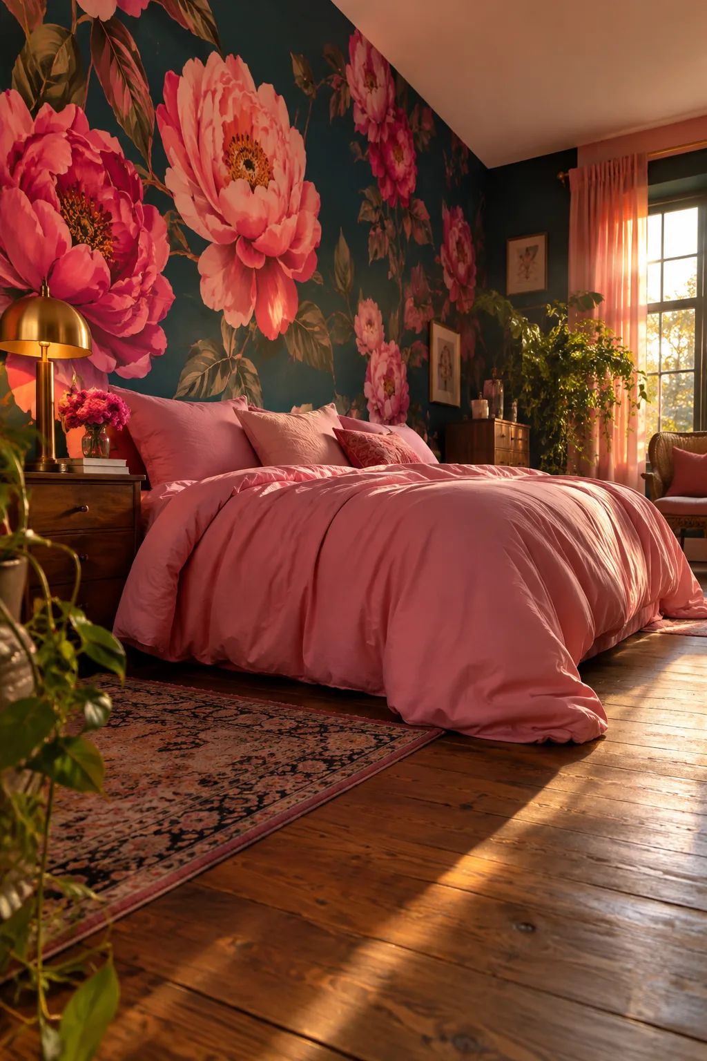 Dark wallpaper with large pink botanical prints behind a bed