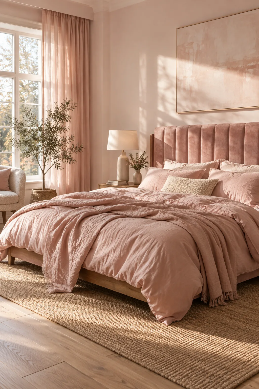 Rose crushed velvet headboard paired with wrinkled pink linen bedding