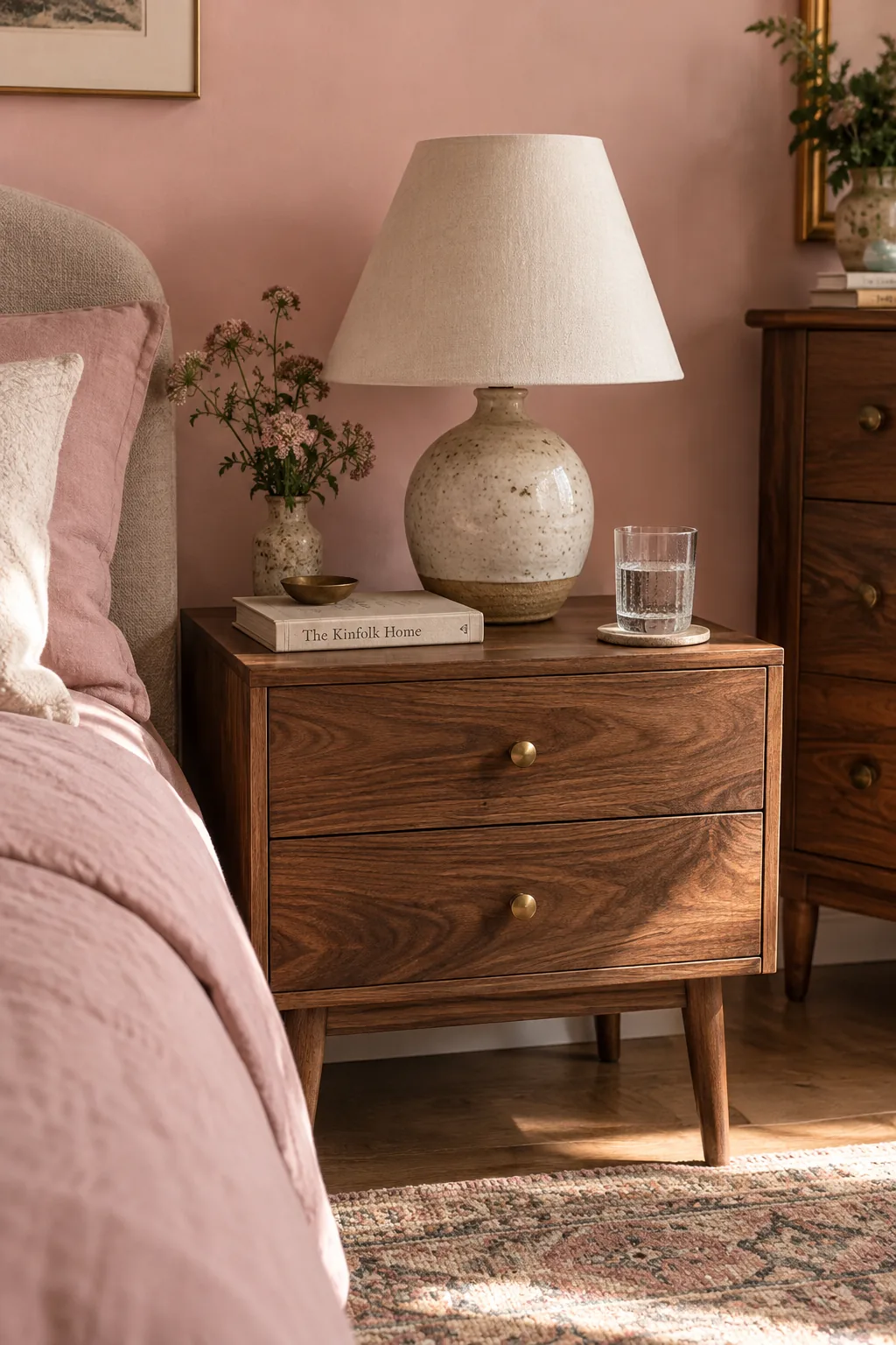 Warm walnut wood nightstand next to a bed in a pink room