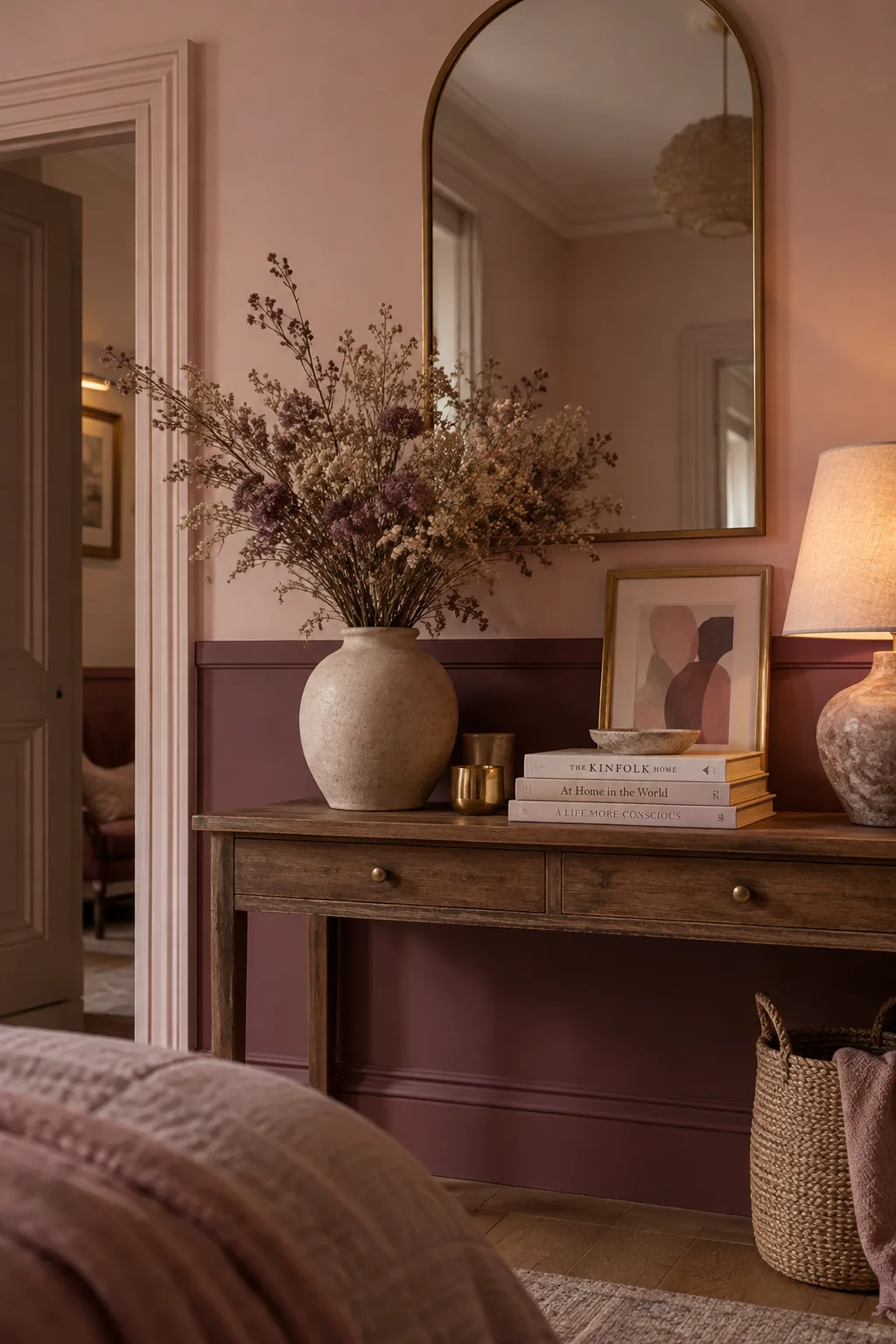 Bedroom wall with picture molding painted deep mauve on the bottom half
