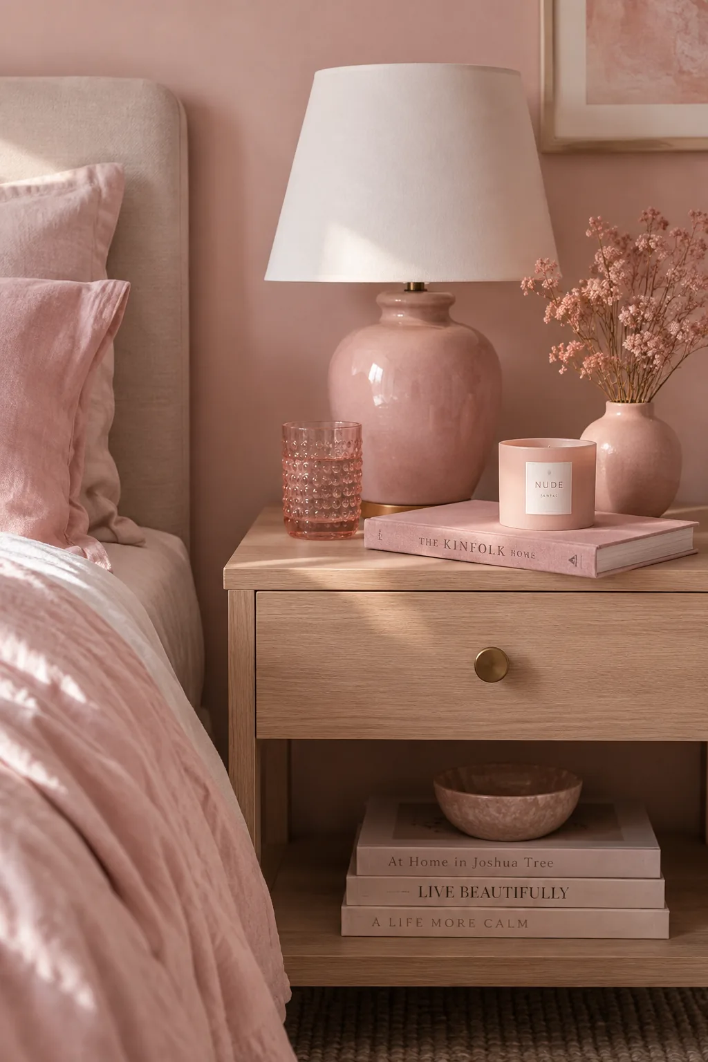 Nightstand styled with a rose quartz lamp, pink books, and a blush ceramic dish