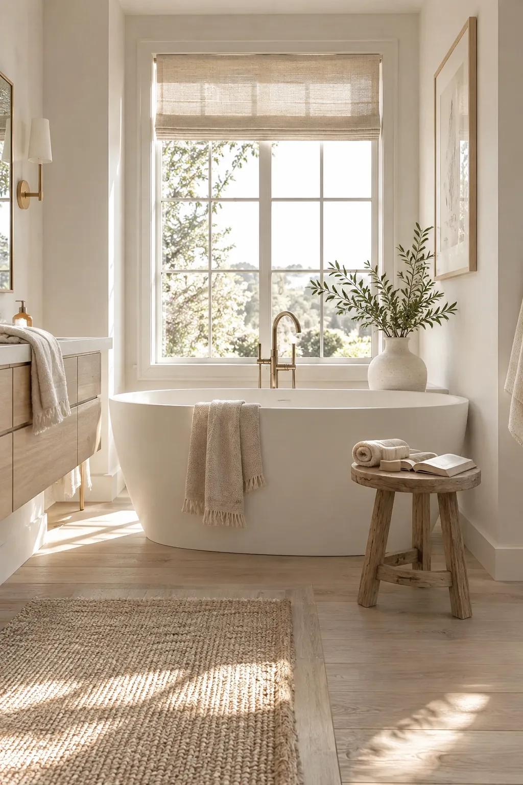Small rustic wooden stool placed next to a white freestanding bathtub
