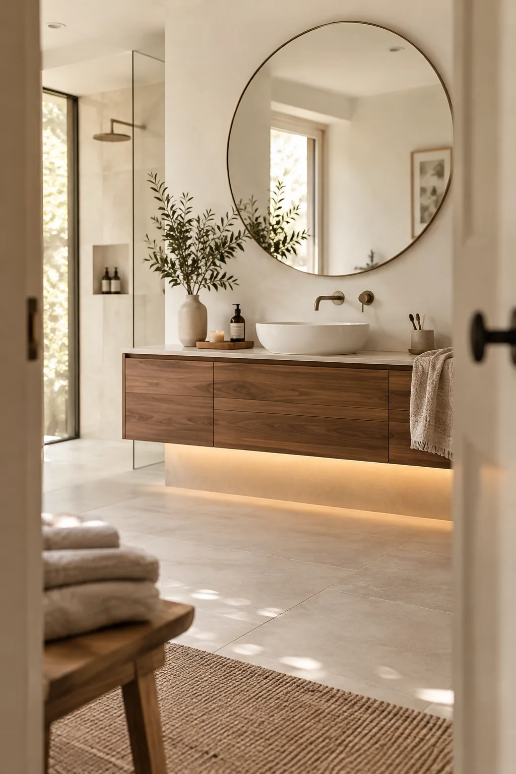 Wall-mounted oak vanity floating above a tiled bathroom floor