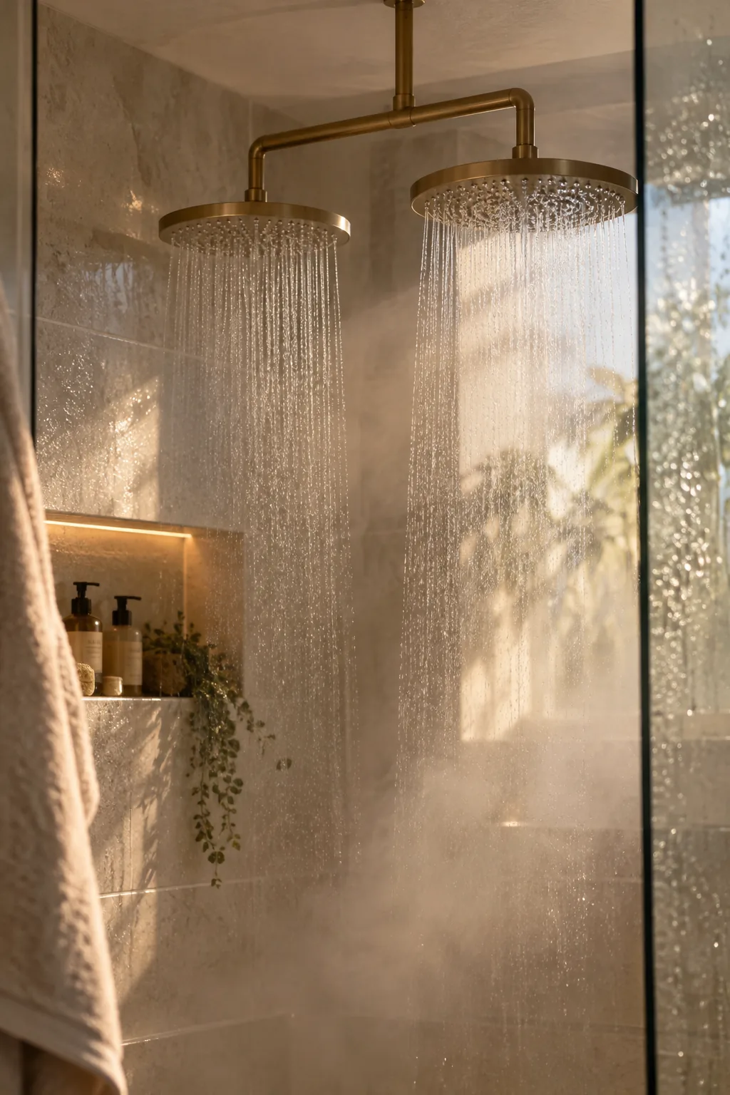 Matte black dual rain showerhead installed in a tiled shower