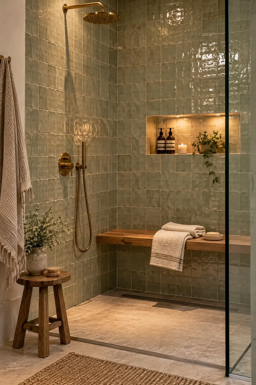 Glossy olive green Zellige tiles catching the light in a shower