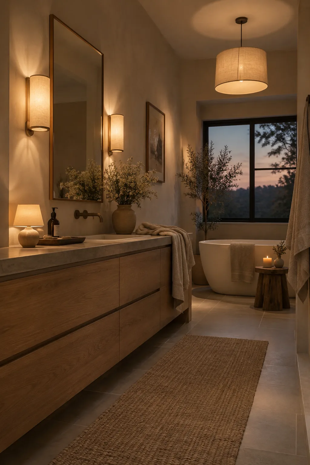 Bathroom vanity styled with a small table lamp and dim wall sconces