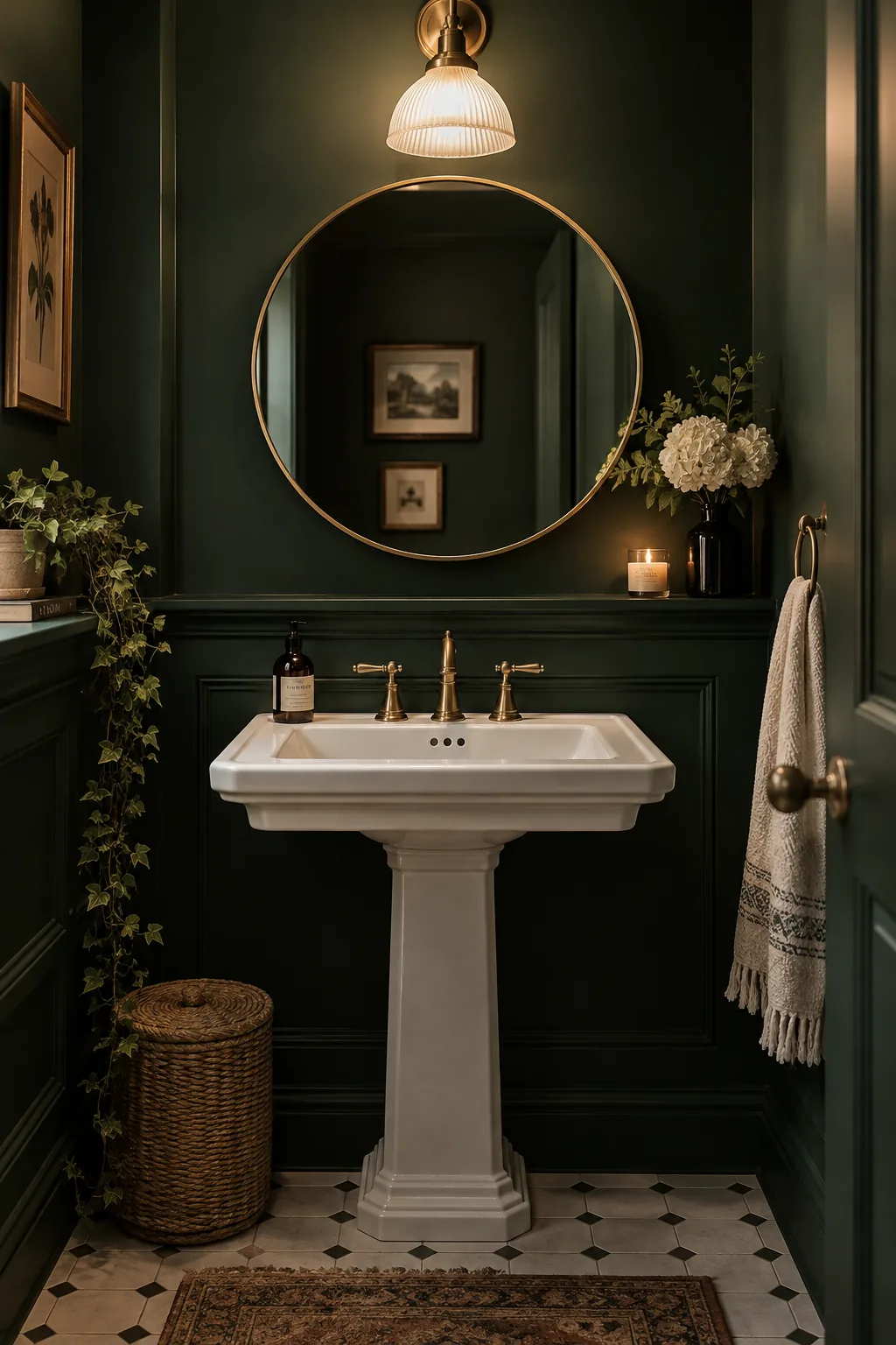 Small powder room painted entirely in dark moody green