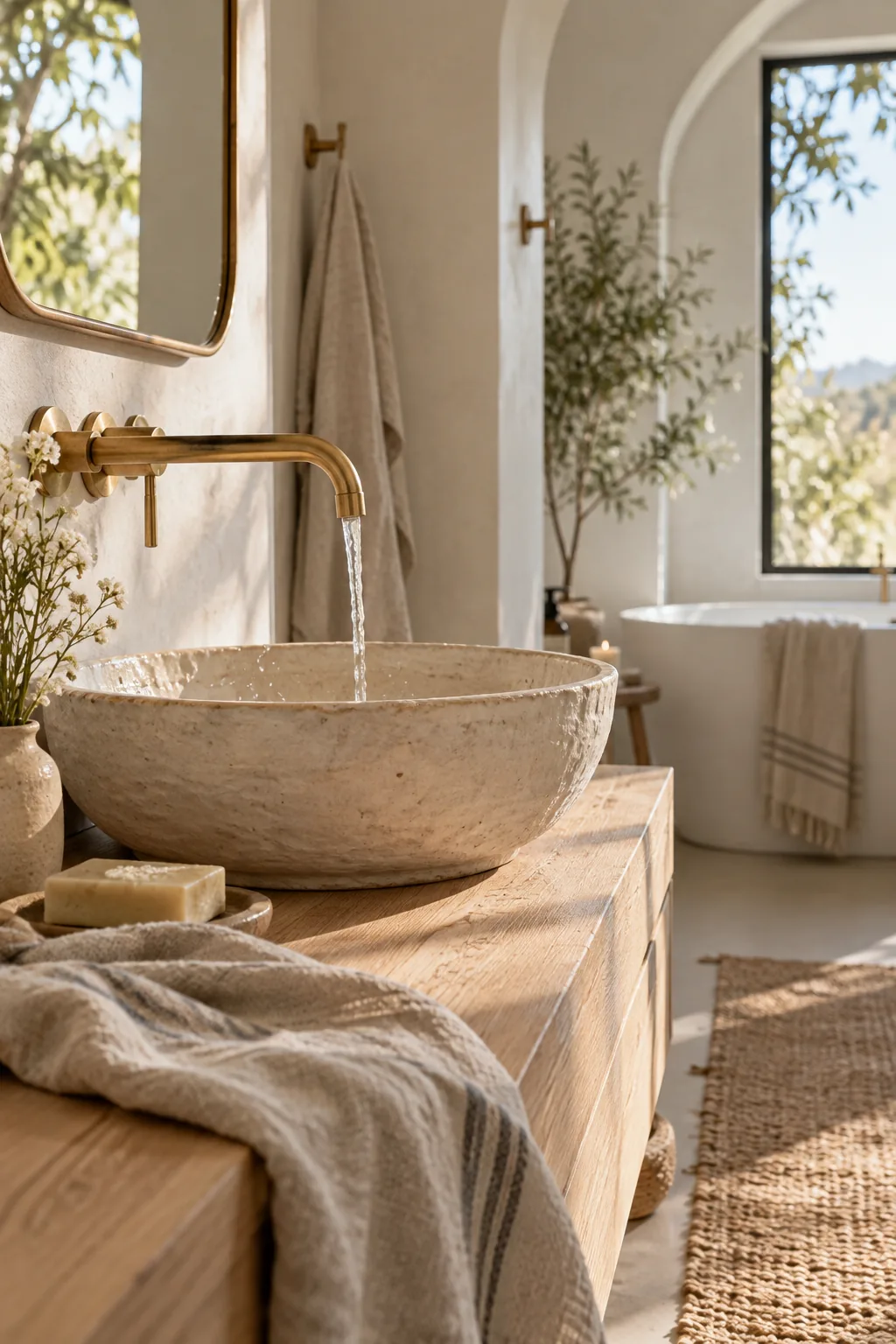 Aged unlacquered brass faucet on a marble bathroom sink