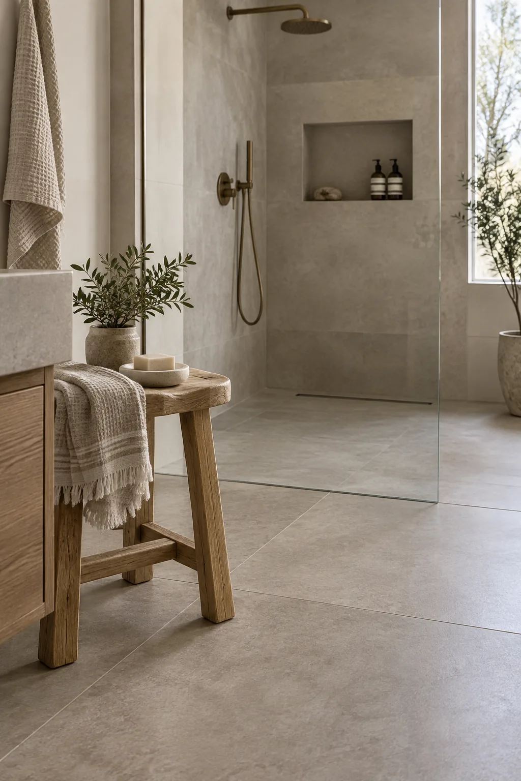 Large grey floor tiles running seamlessly into a curbless shower