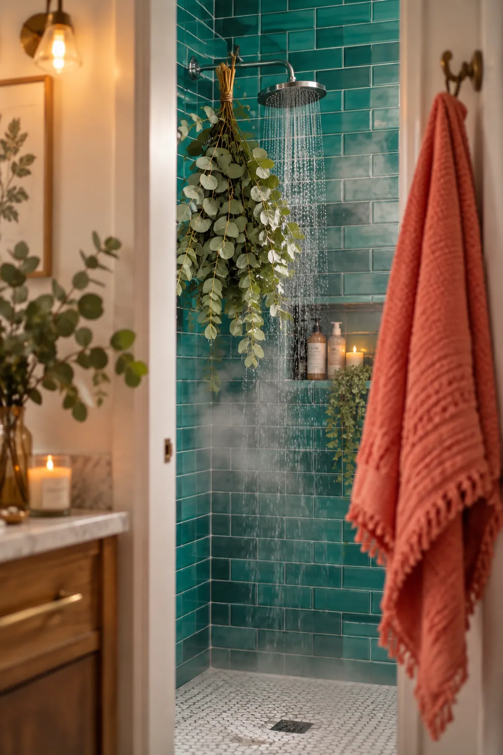 Fresh eucalyptus bundle tied behind a brass showerhead
