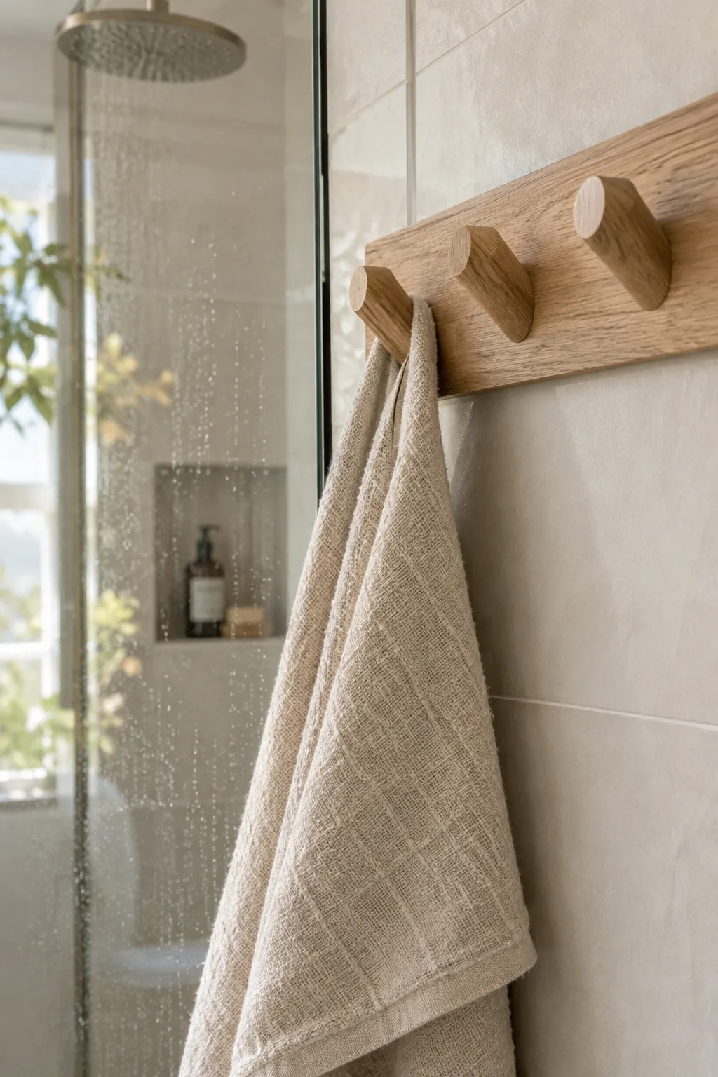 Matte black towel hooks mounted on the wall directly next to a glass shower door