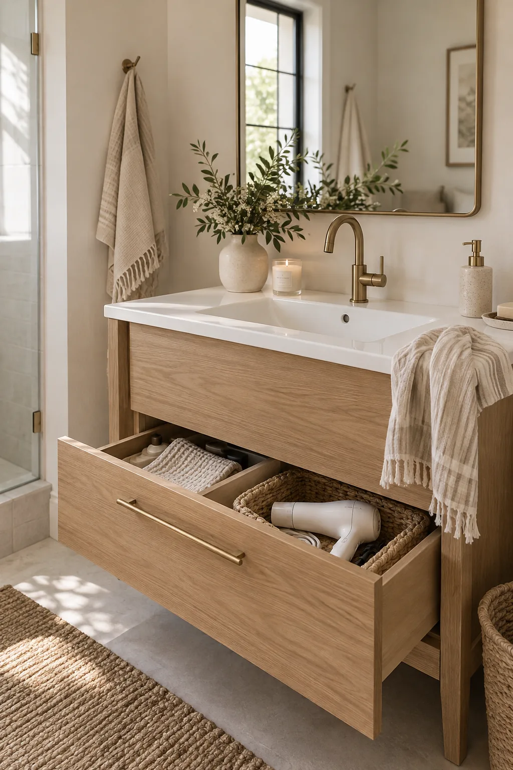 Tall modern wooden vanity with deep storage drawers