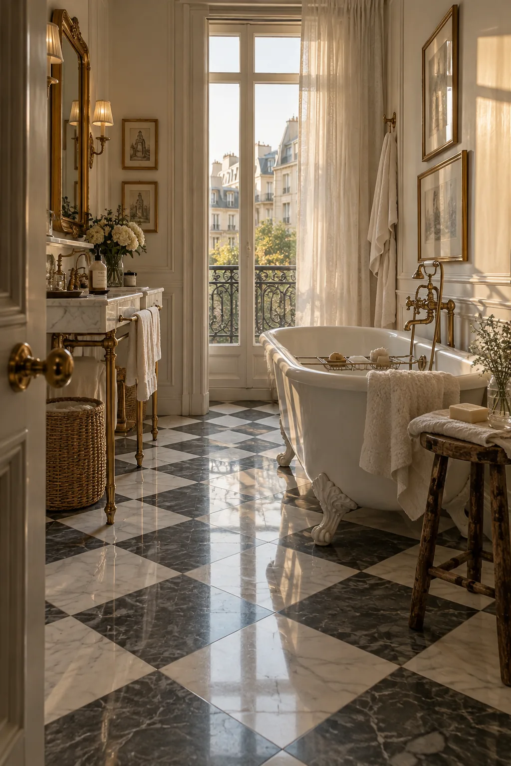 Black and white checkerboard marble floor in a bright bathroom