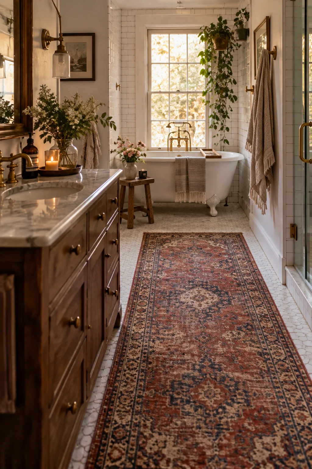 Faded vintage Turkish runner rug on a tiled bathroom floor