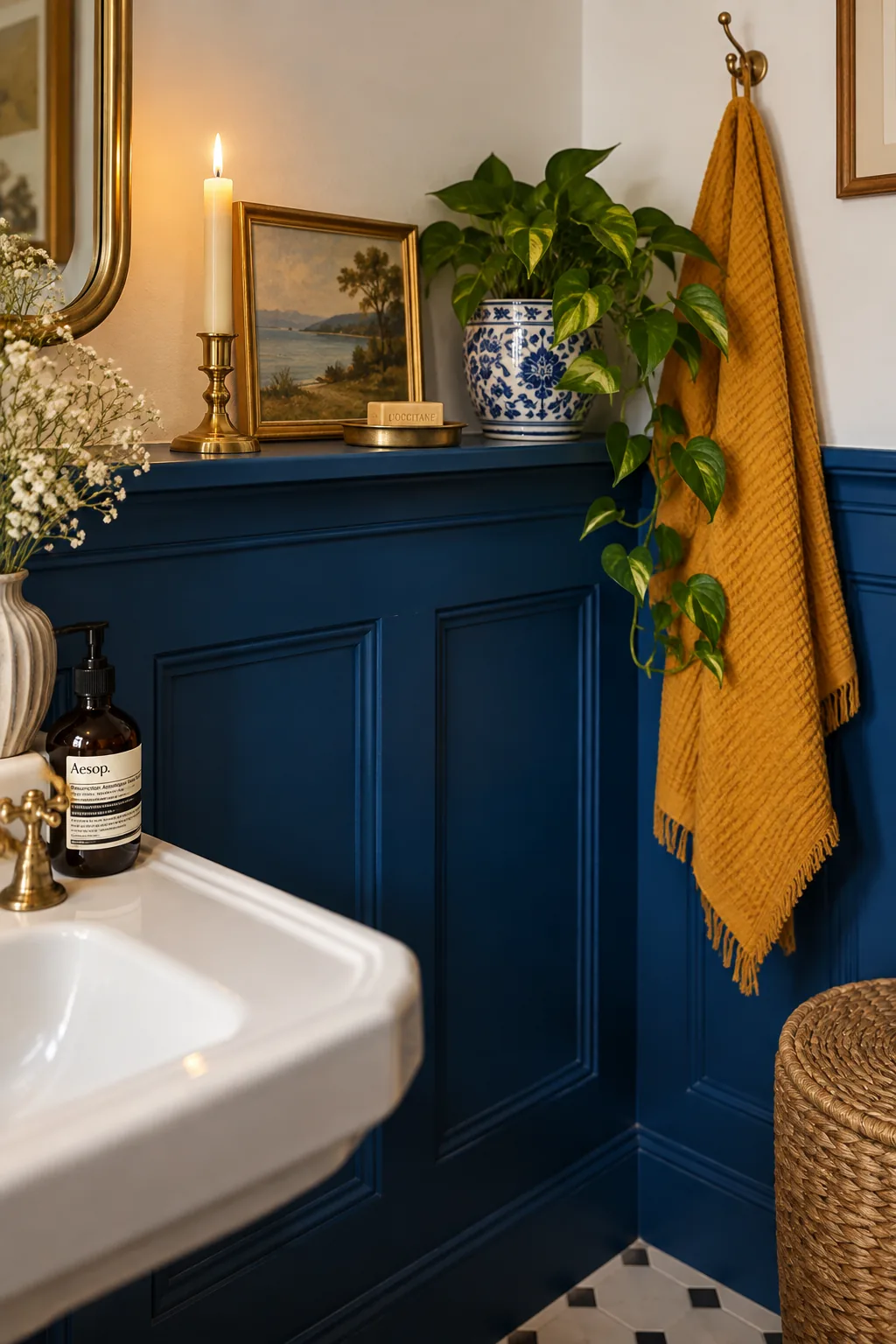 Bathroom wall with dark blue wainscoting on the bottom and white paint above