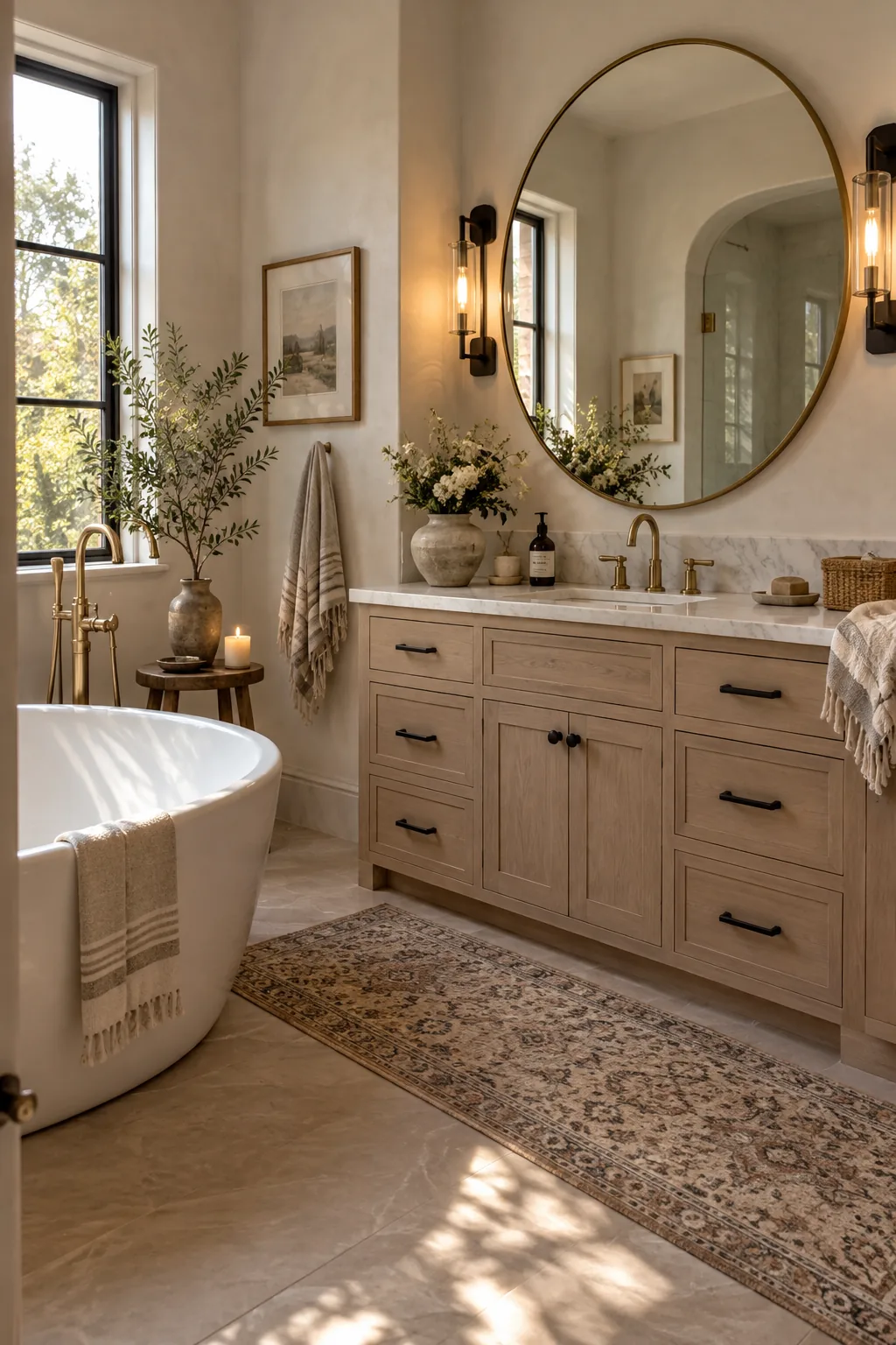 Bathroom featuring a brass faucet paired with matte black cabinet pulls and sconces