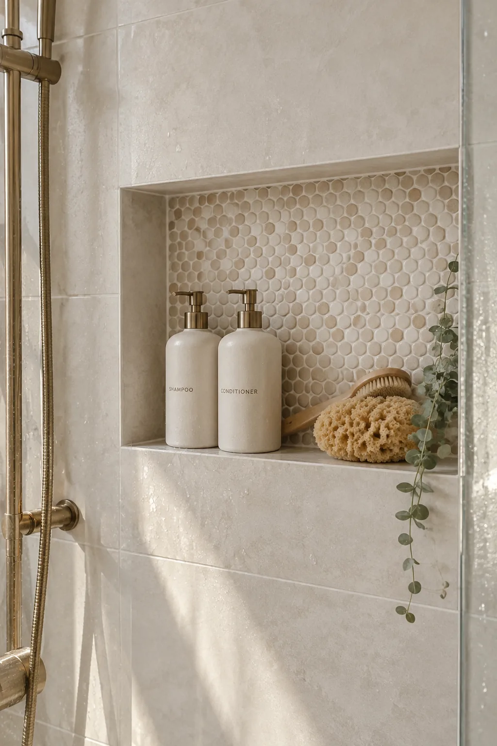 Tiled shower niche with a patterned mosaic back holding shampoo bottles