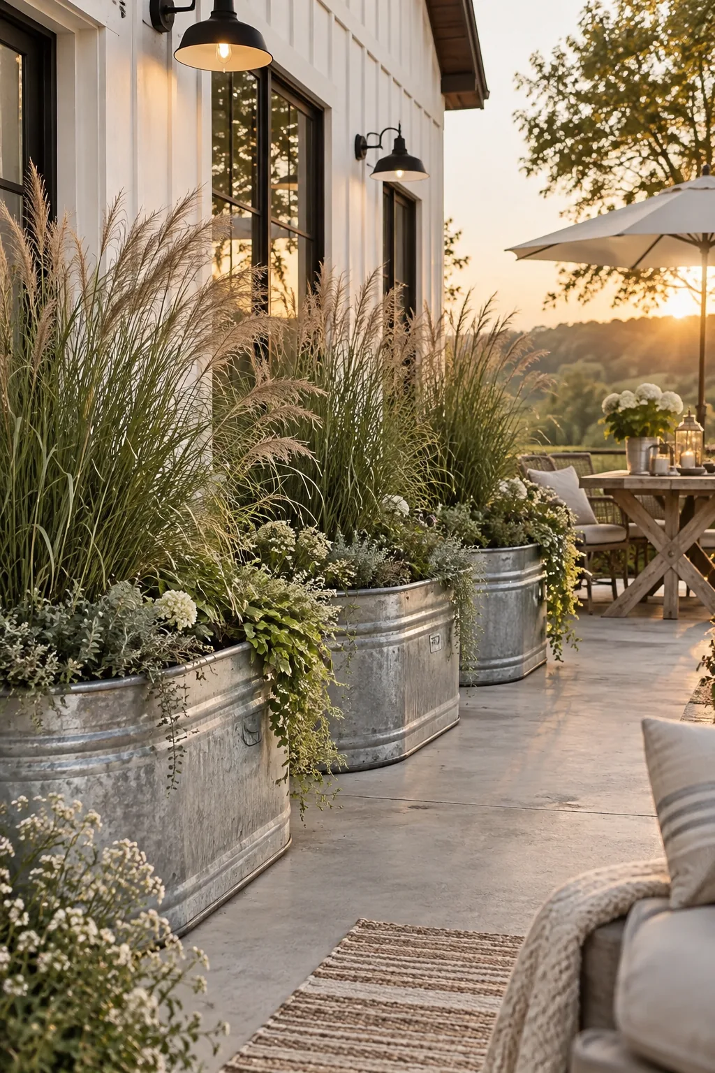 Galvanized metal troughs planted with tall ornamental grasses on a concrete patio.