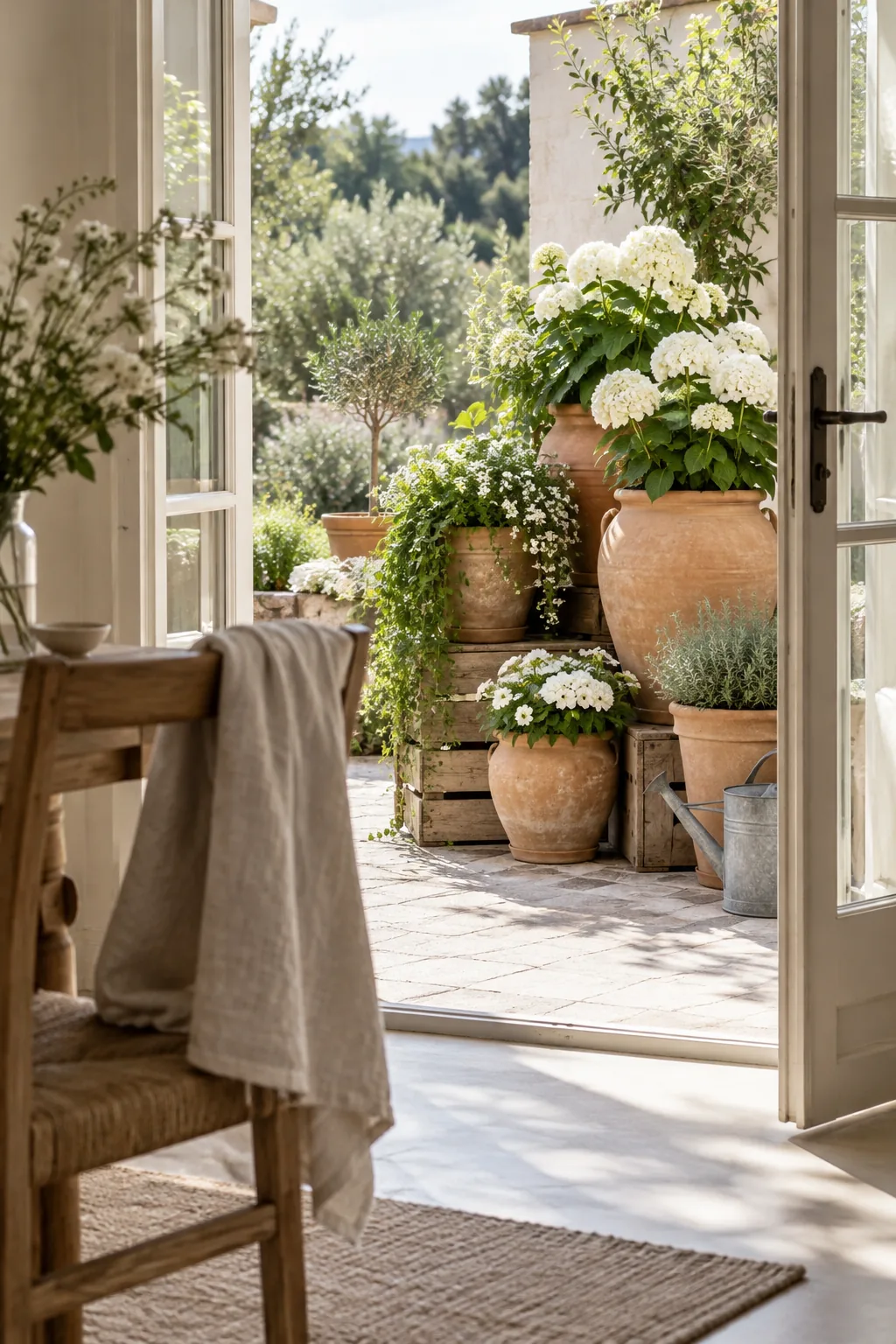 Cluster of large terracotta pots grouped together in a patio corner.