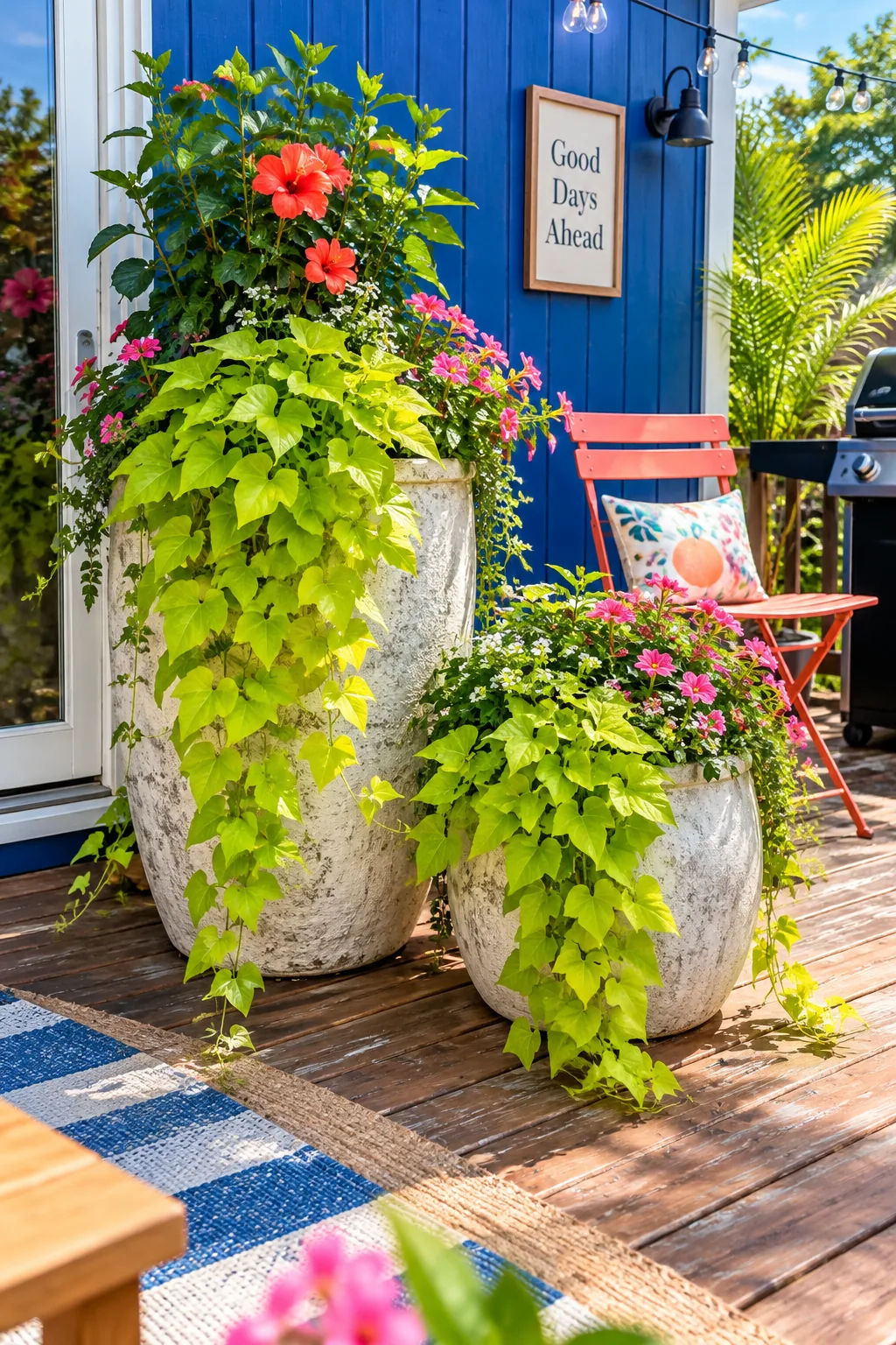 Lightweight faux-stone resin planters filled with neon green sweet potato vines.