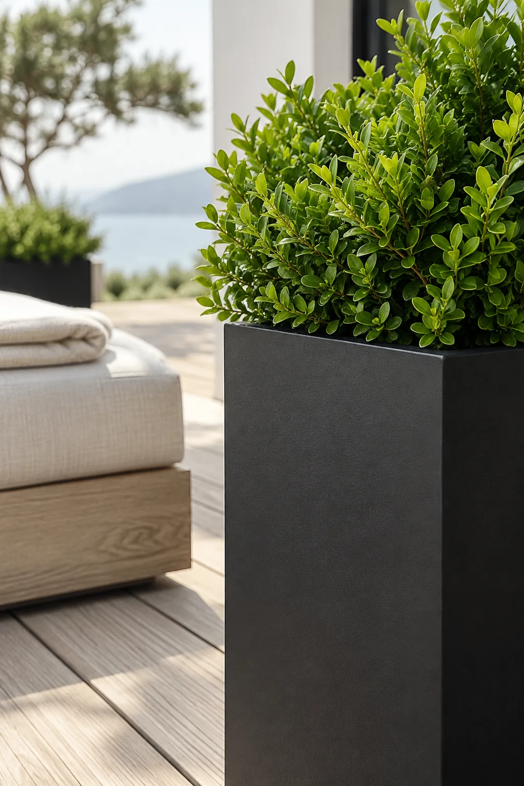 Tall black planters with boxwood shrubs lining a seating area.