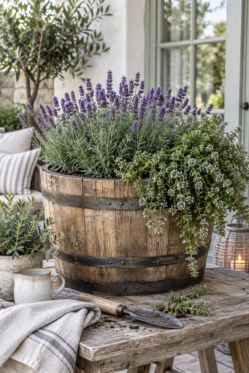 Wooden whiskey barrel planter filled with white petunias and purple fountain grass.