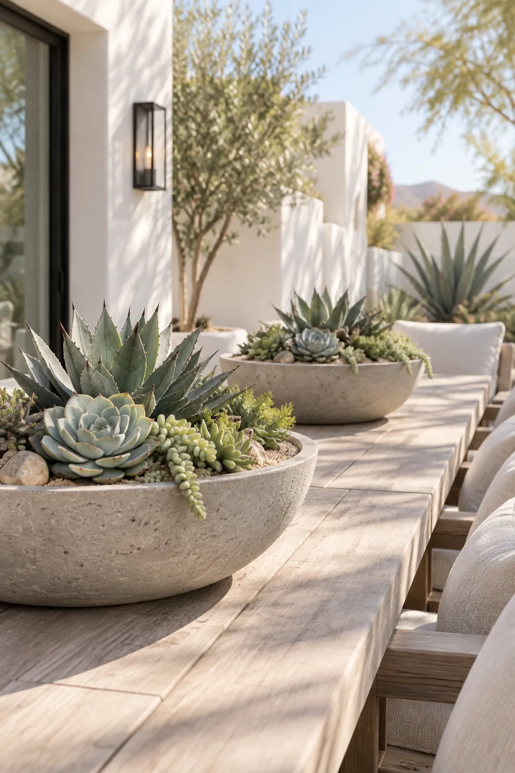 Shallow concrete bowl planter filled with various succulents on a patio table.