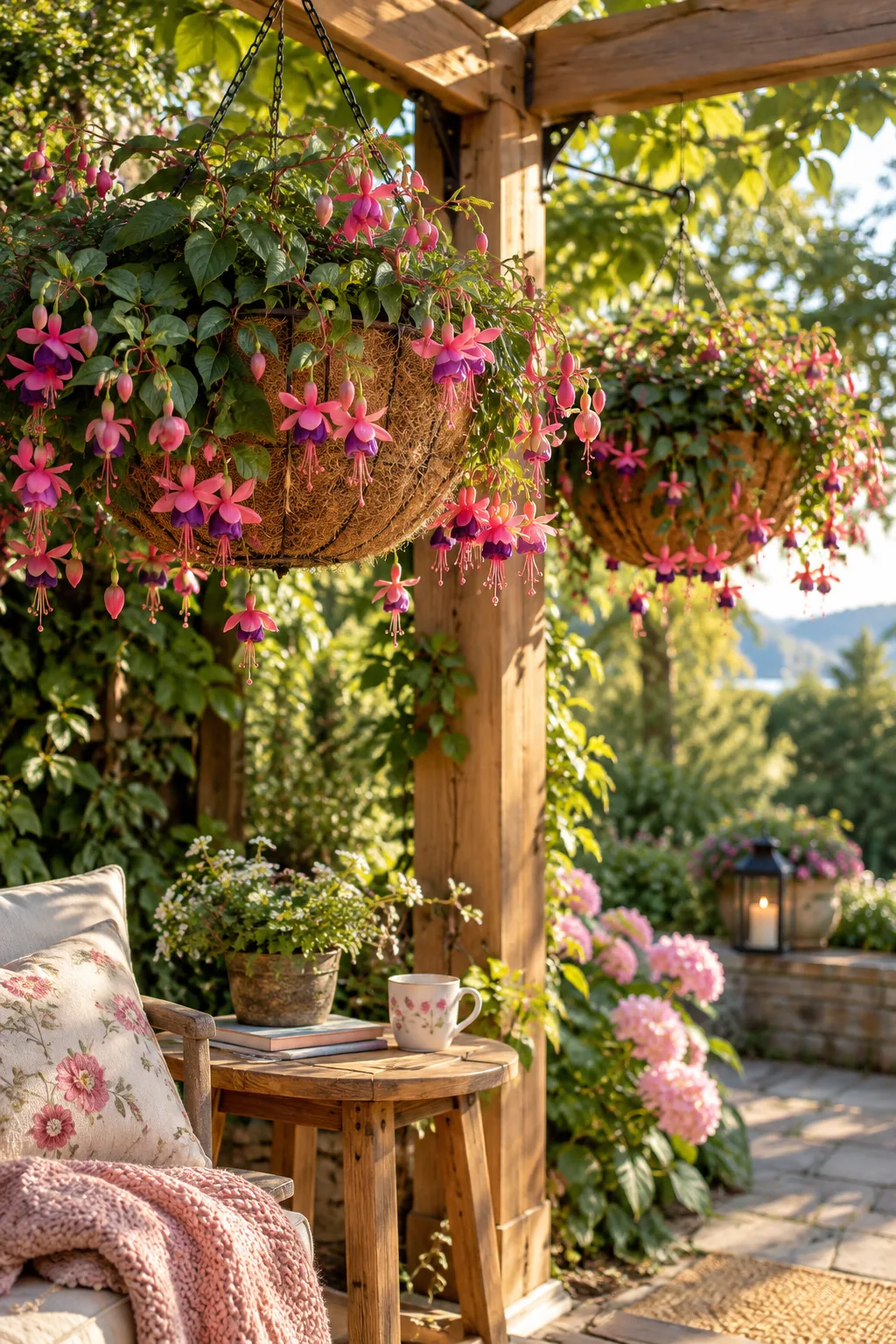 Deep wire hanging basket lined with coco coir and trailing fuchsias.
