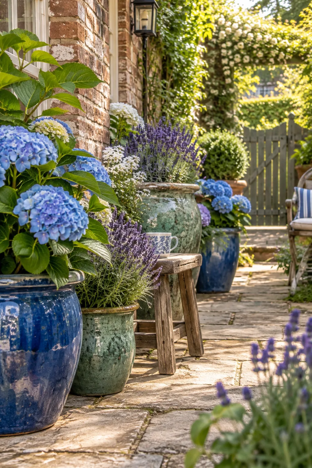 Mismatched blue and green glazed ceramic pots filled with hydrangeas.
