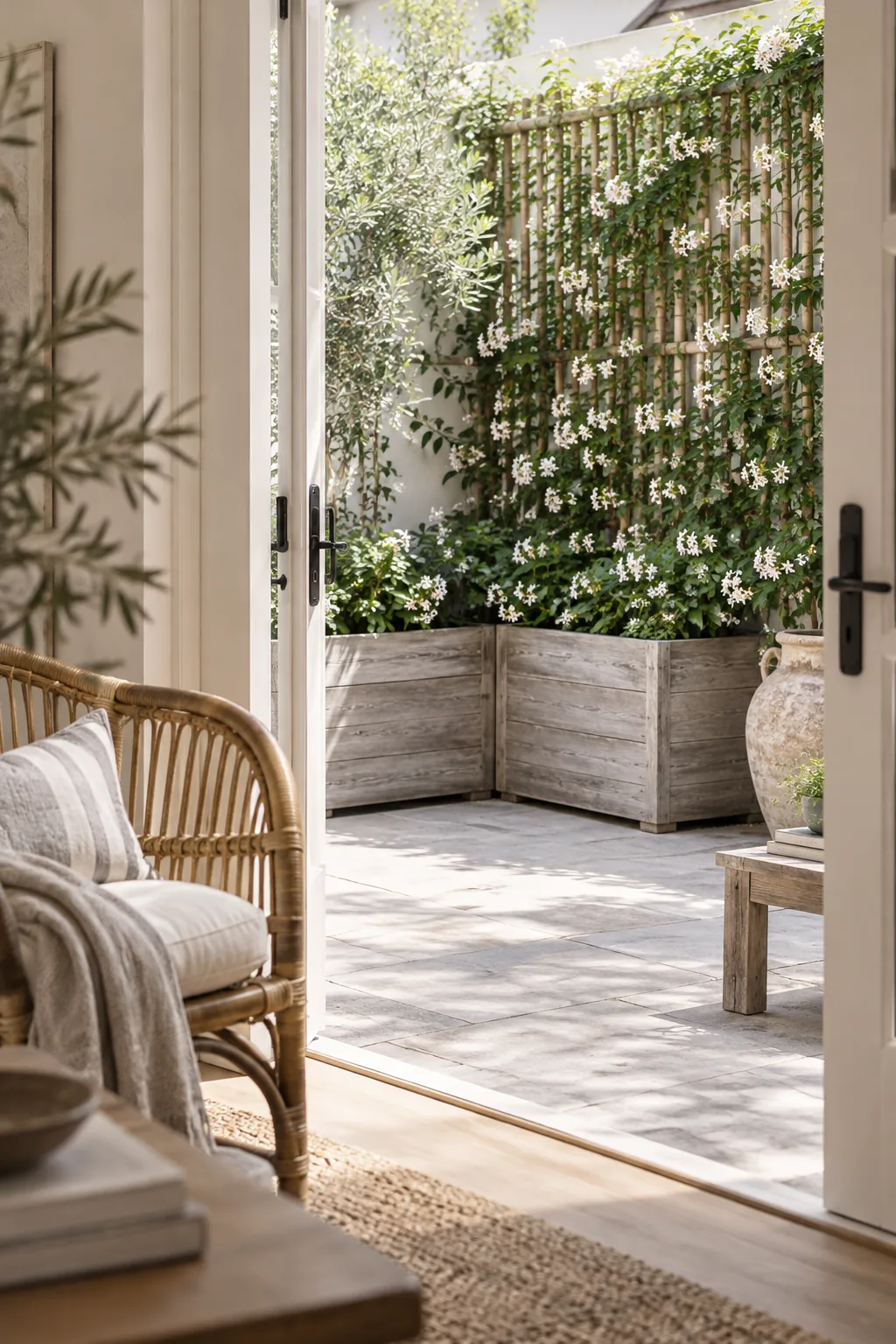 Square wooden cedar planter box with climbing jasmine on a bamboo trellis.
