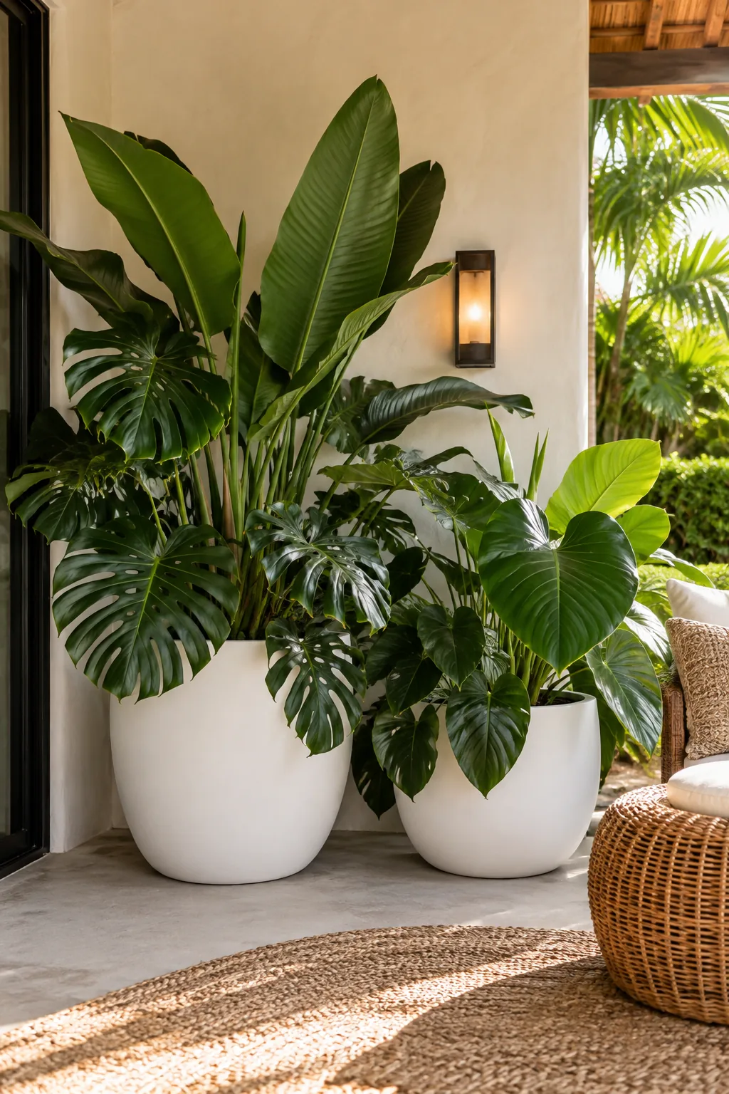 Oversized white fiberglass planters with large tropical elephant ear plants.