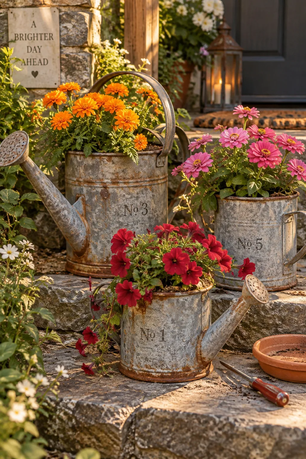 Rusted galvanized watering can used as a planter for colorful annuals.